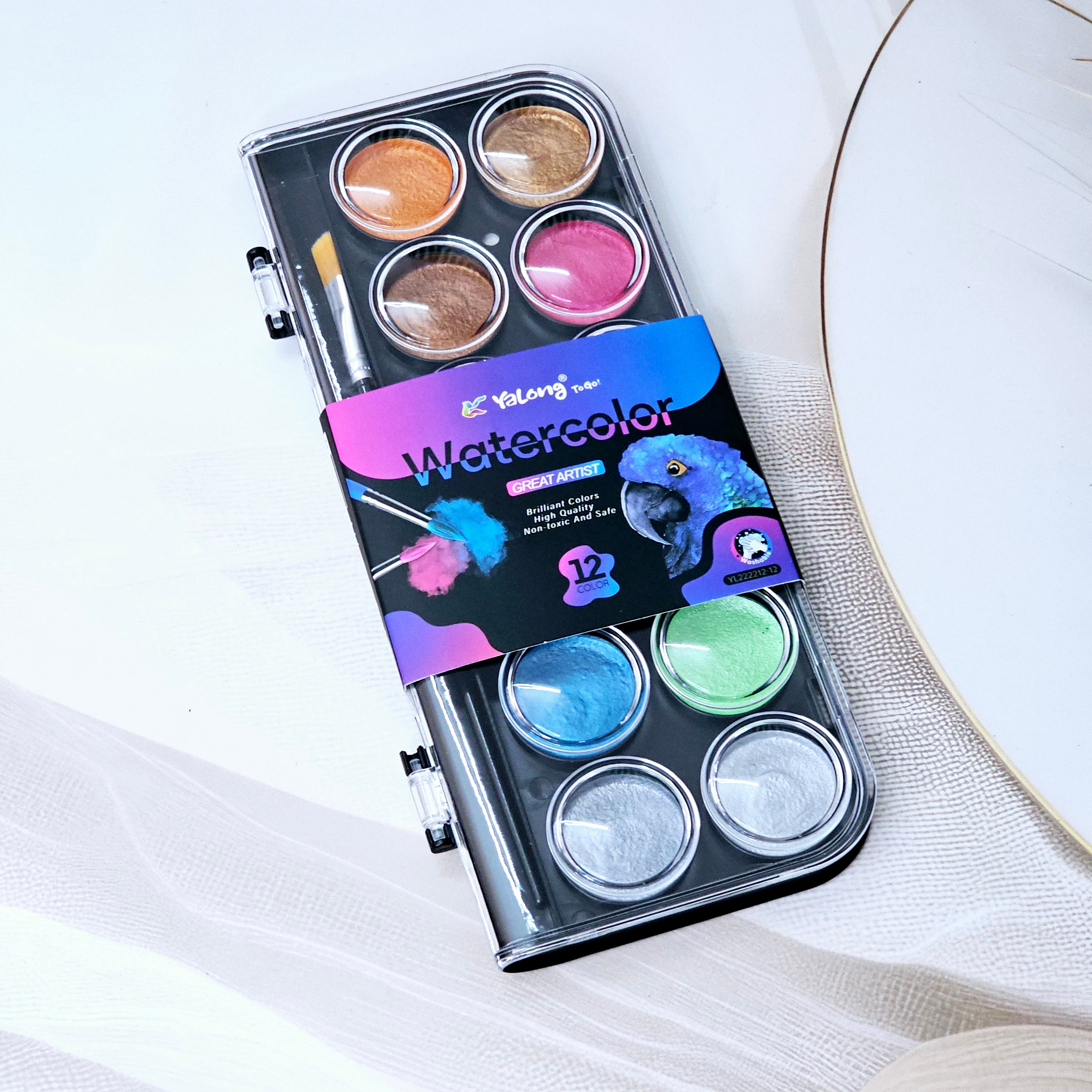 Open View of Yalong 12 Color Metallic Watercolor Paint Set with Shimmering Colors - www.usmile.toys